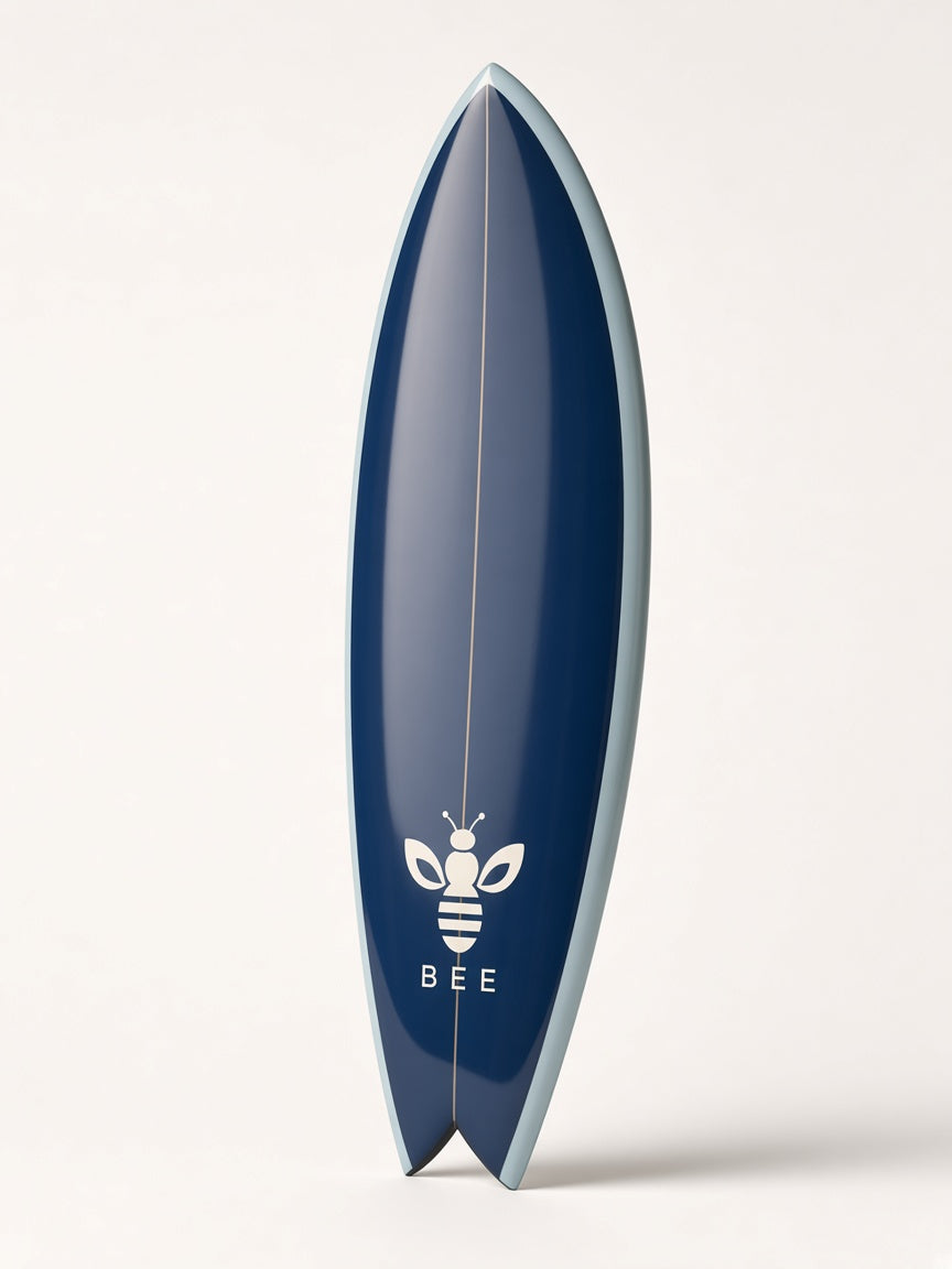 UbuyBee Surf Bee Fish surfboard, angle view, with the BEE logo