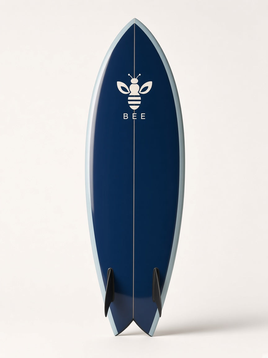 UbuyBee Surf Bee Fish surfboard, bottom view, with the BEE logo