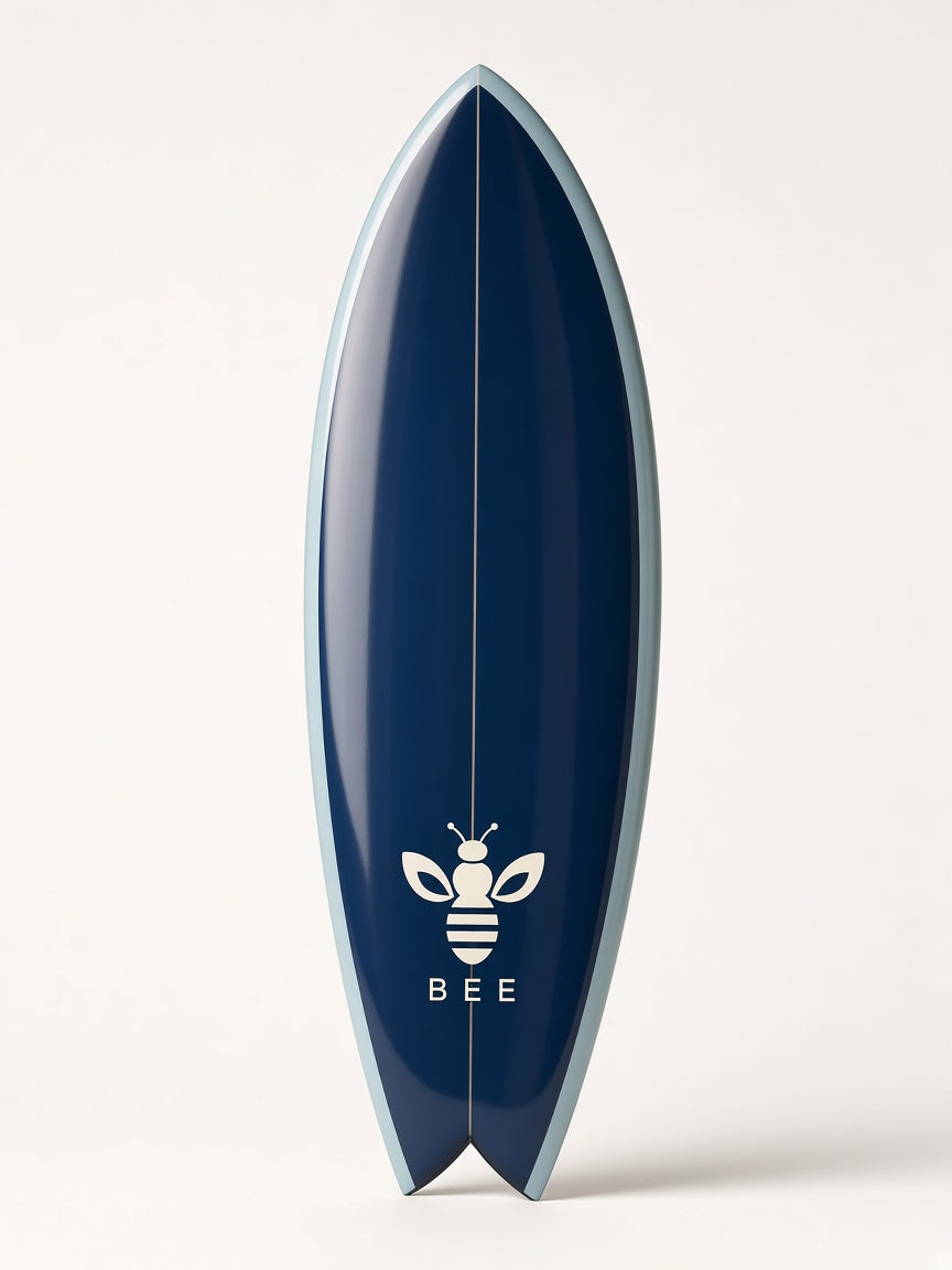 UbuyBee Surf Bee Fish surfboard, main view, with the BEE logo