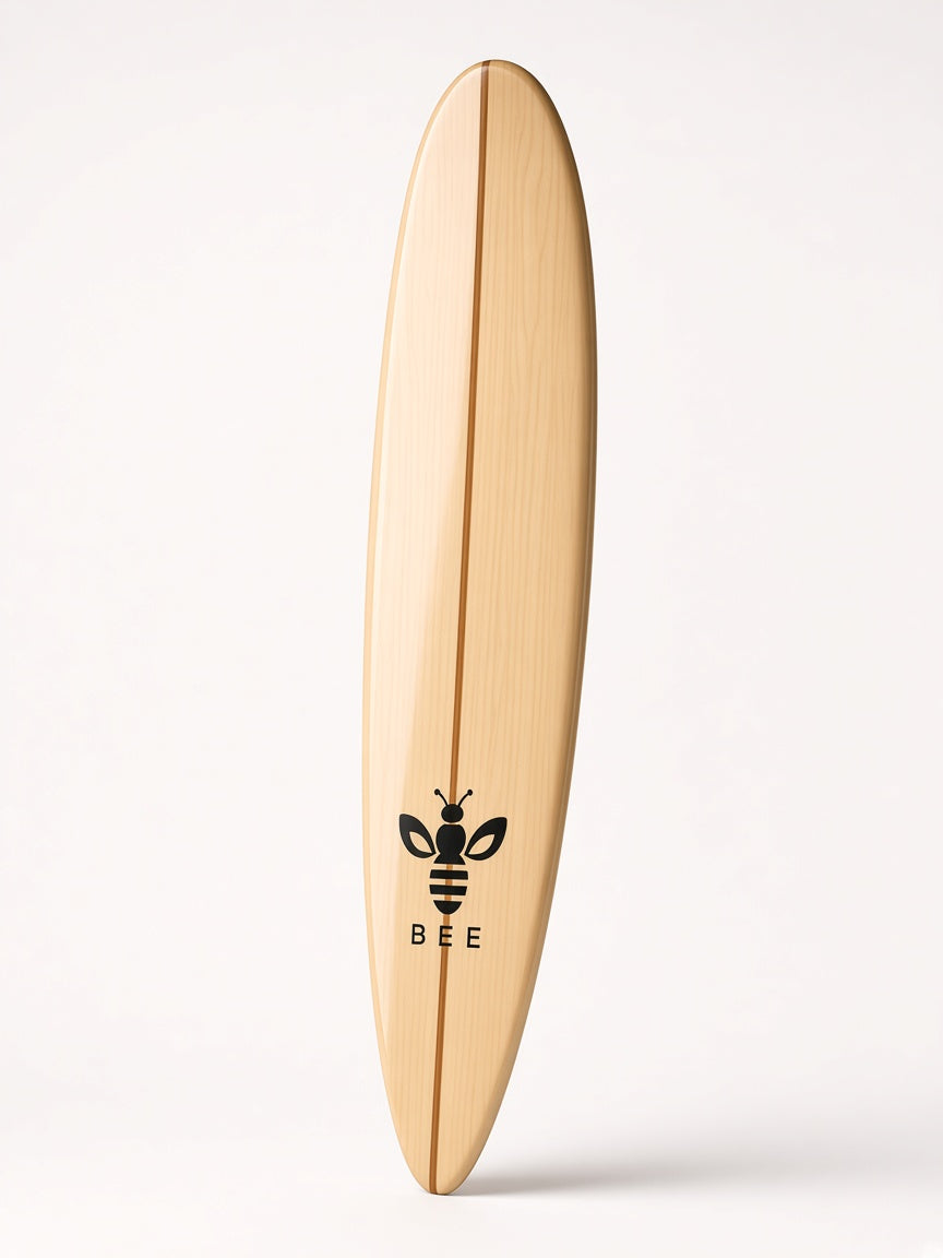 UbuyBee Surf Bee Longboard surfboard, angle view, with the BEE logo