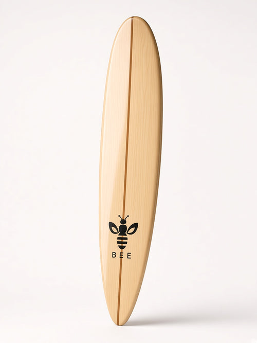 UbuyBee Surf Bee Longboard surfboard, angle view, with the BEE logo