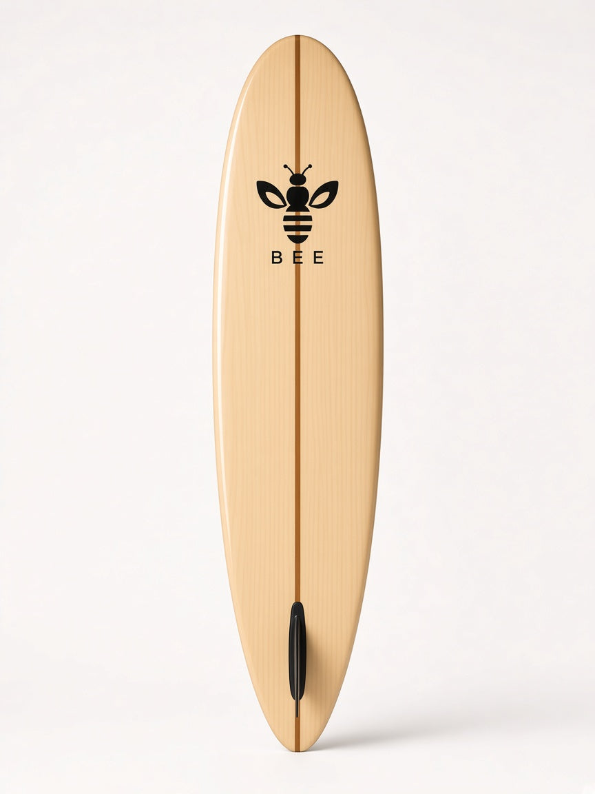UbuyBee Surf Bee Longboard surfboard, bottom view, with the BEE logo