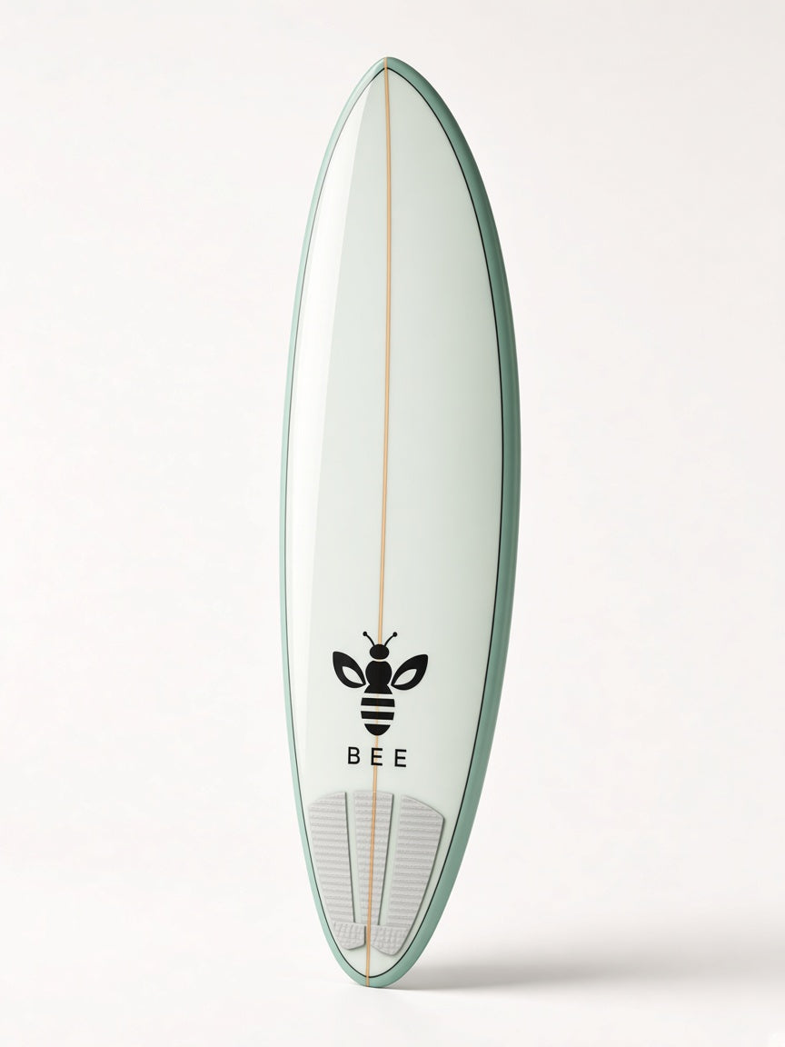 UbuyBee Surf Bee Mid-Length surfboard, angle view, with the BEE logo