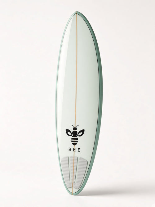 UbuyBee Surf Bee Mid-Length surfboard, angle view, with the BEE logo