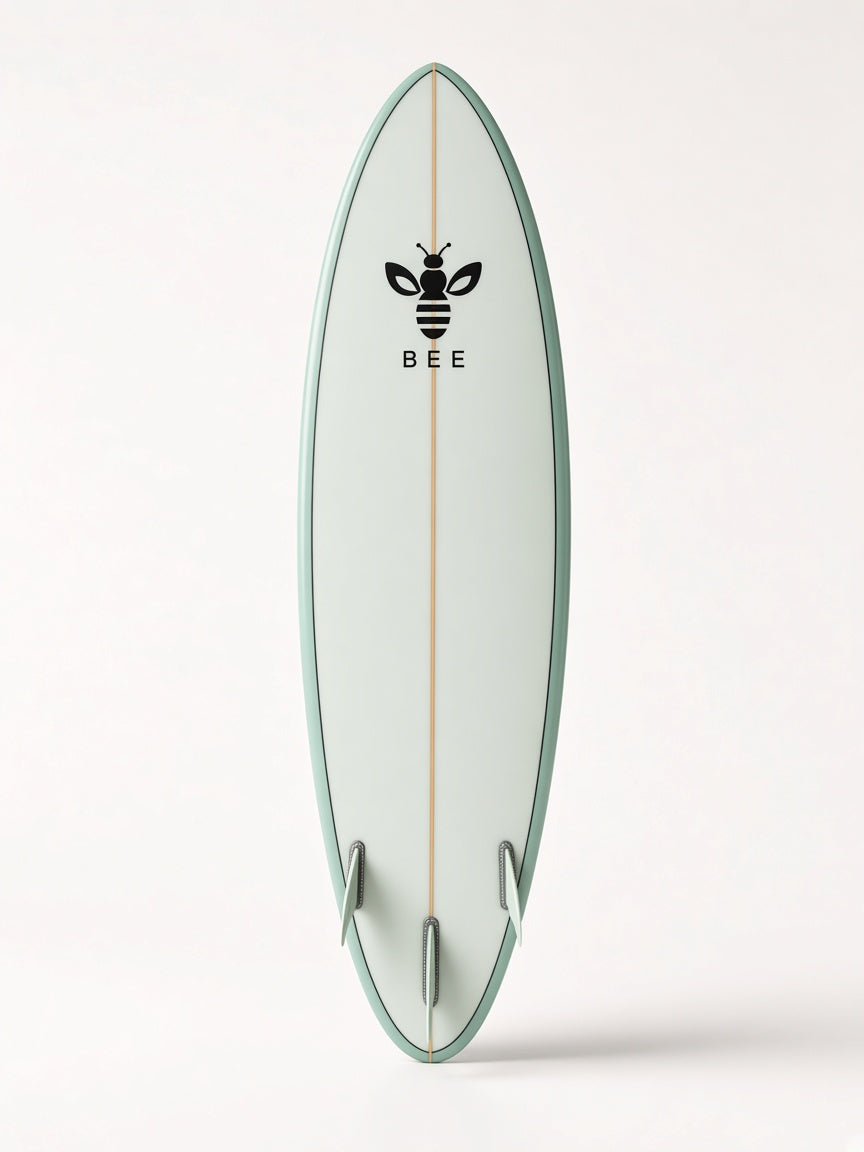 UbuyBee Surf Bee Mid-Length surfboard, bottom view, with the BEE logo