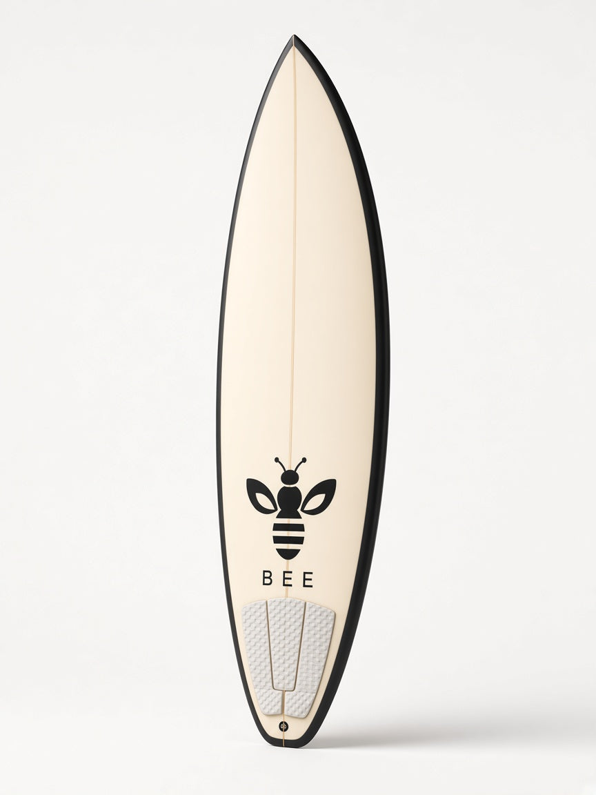 UbuyBee Surf Bee Shortboard surfboard, angle view, with the BEE logo