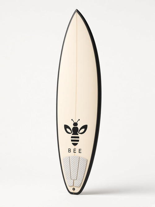 UbuyBee Surf Bee Shortboard surfboard, angle view, with the BEE logo