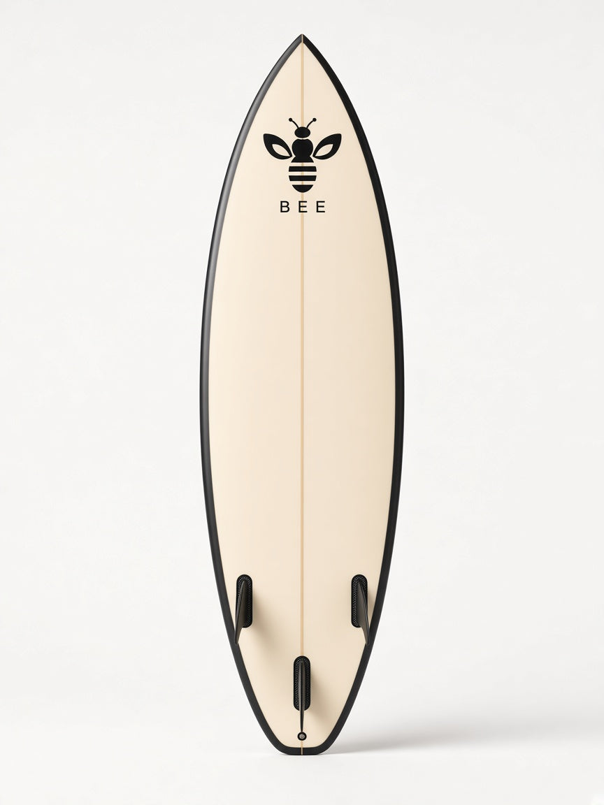 UbuyBee Surf Bee Shortboard surfboard, bottom view, with the BEE logo