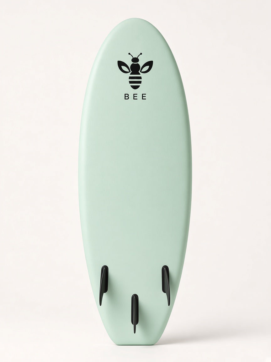 UbuyBee Surf Bee Soft-Top surfboard, bottom view, with the BEE logo